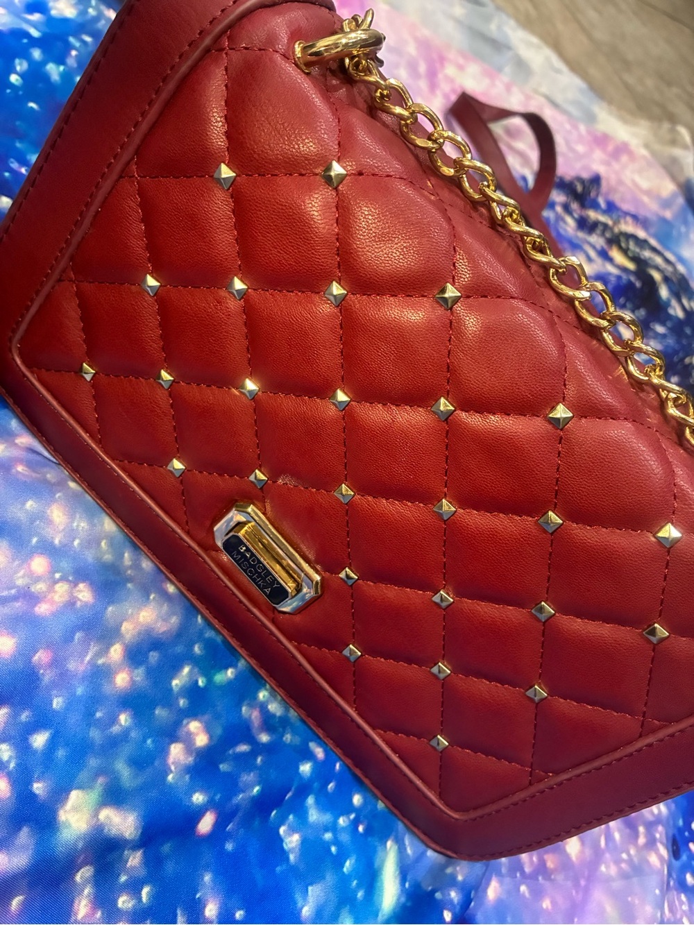 Badgley Mischka Red Quilted Chain Crossbody with Gold Studs